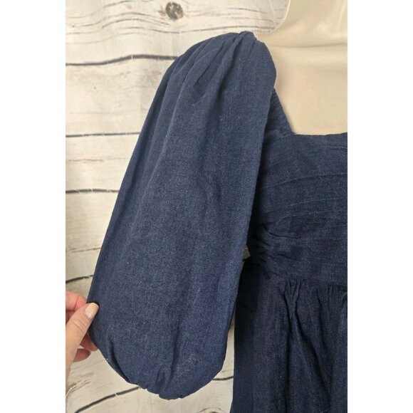 Abercrombie & Fitch Emerson Linen Blend Dress XS Navy Blue Puff Sleeve Pleated - Picture 4 of 8